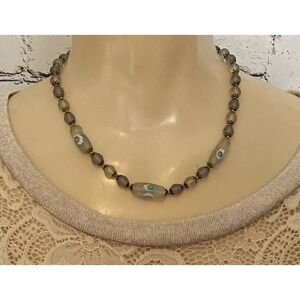 Vintage‎ Blue Smoke 17.5" Frosted Glass Millefiori Hand Knitted Beaded Necklace